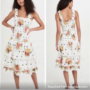 NWT FARM Rio Nanaju White Floral Ruffle Midi Dress with Crochet Trim